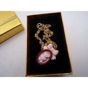 Cute Teddy Bear Cameo Necklace Gold Chain Pink Bow Oval Pendant Gift Box Present